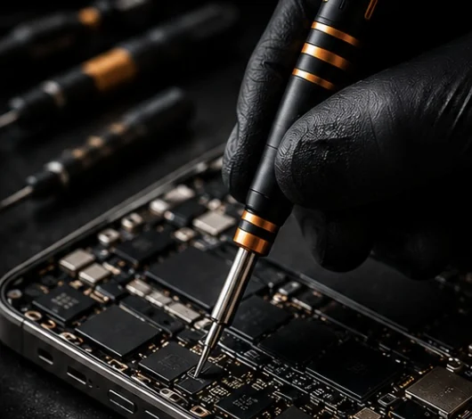 Técnico de Negrón Digital reparando la placa de un celular con un destornillador de precisión