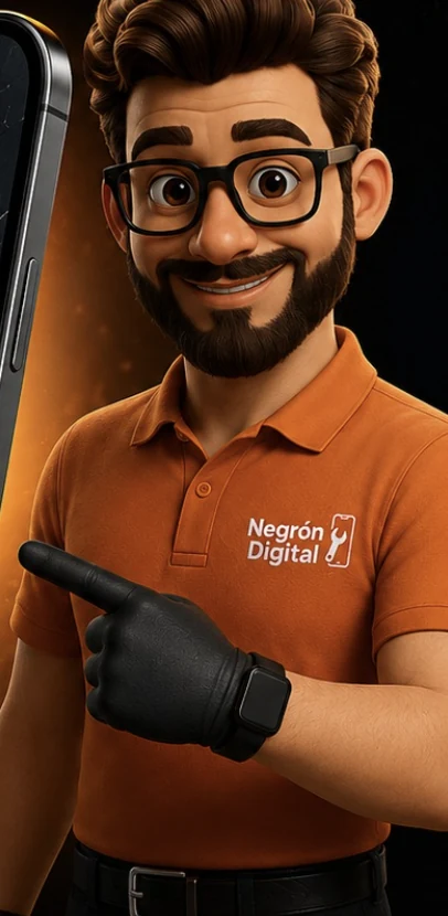 Técnico de Negrón Digital con camisa de la marca señalando un celular con la pantalla rota